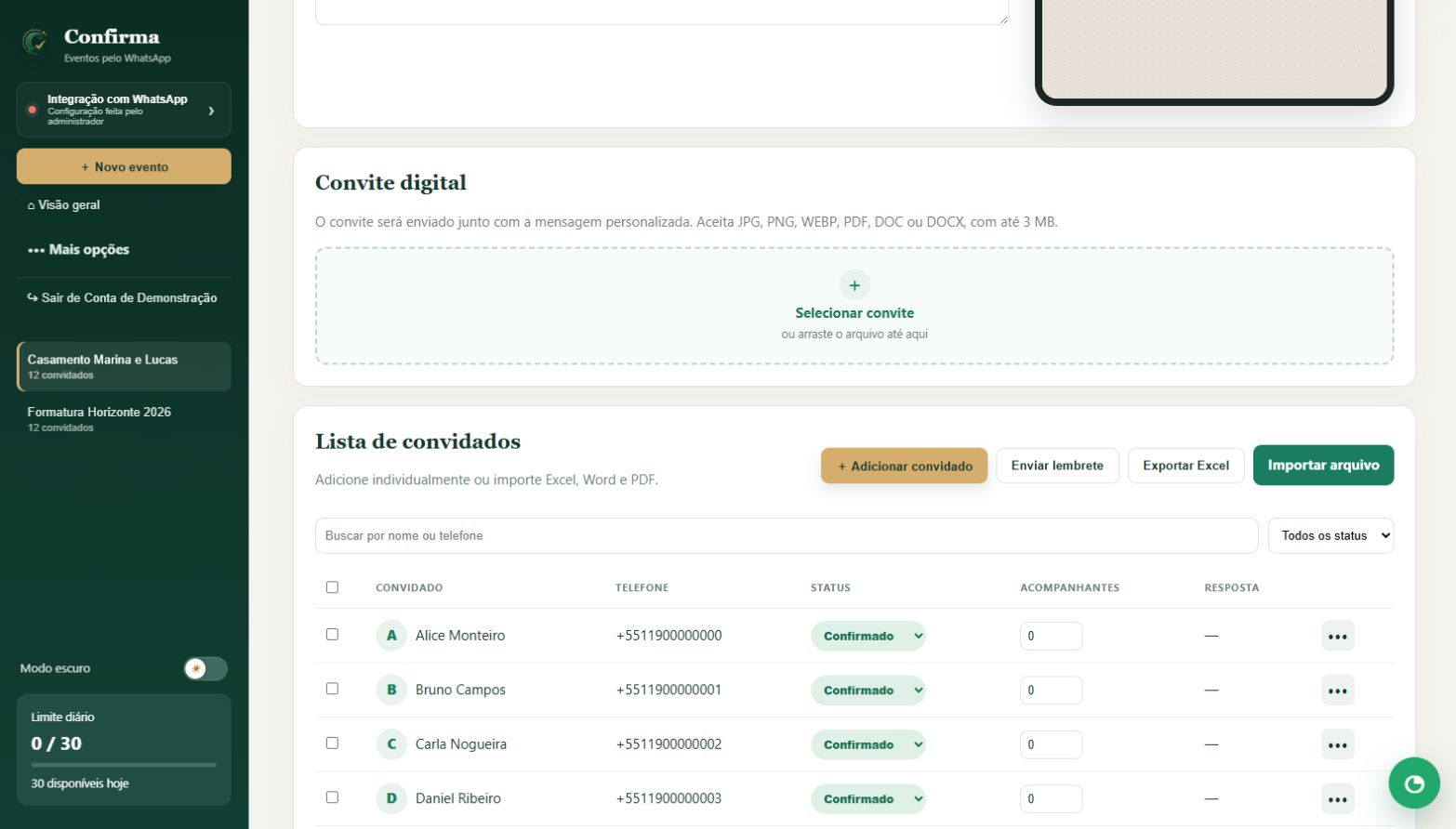 Lista de convidados com dados fictícios